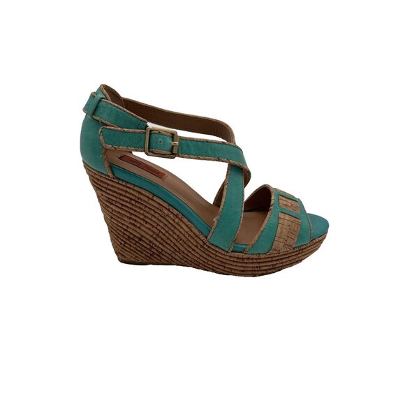 Miz Mooz Kenya Platform Leather Wedge Heel Peep Toe Sandals size 7.5 Cork - Picture 11 of 16